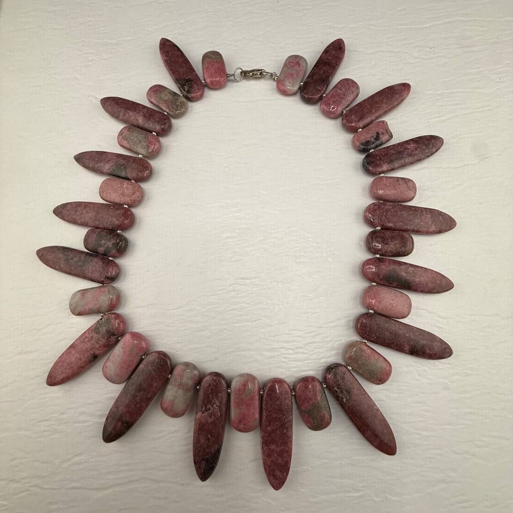 Vintage Polished Stone Bib Necklace Pink Sterling Silver Clasp 17”